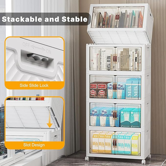 Extra Large Stackable Storage Bins, Lockable Storage Bins with Lids, Folding Storage box with Doors and Wheels, Collapsible Plastic Drawers for Home, Garage, Office (5, White, Medium)