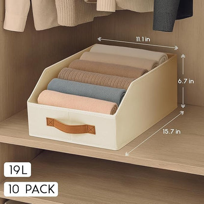 Fabric Storage Bins for Organizing - 10 Pack Large Trapezoid Collapsible Storage Bins with Front Handle, Closet Organizers and Storage for Bedroom, Home Shelves, Small Spaces, Beige