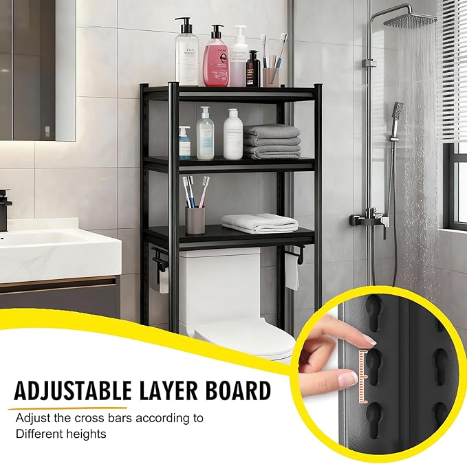 Over The Toilet Storage Shelf, Freestanding Metal Bathroom Shelf Organizer, Waterproof Rustproof Space Saver, Black，54''H×23.6''W×11.8''D