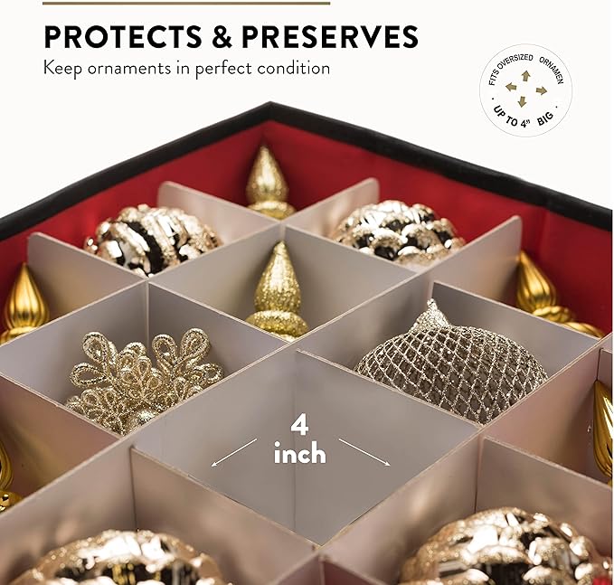 ZOBER Christmas Ornament Storage Box - Stores 36 4" Large Ornaments with Individual Trays - Tear Proof 600D Oxford Fabric - Ornament Organizer Storage Box, Durable Christmas Containers Holder - Red