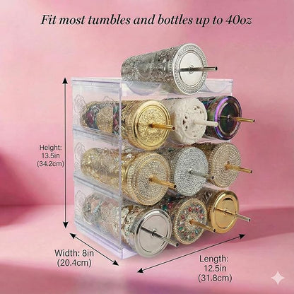 Stackable Water Bottle Organizer for Cabinet, Plastic Bottle Holder Designed for Starbucks Studded Tumblers up to 40oz, Plastic Cup Holder&Wine Rack for Pantry,Cupboard- 4 Layers Hold 12 Bottles