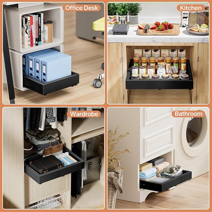 BUFOR 1 Pack Pull out Cabinet Organizer, Width (12"-19") Depth (17"-23"), with 3 Rails Adjustable Slide, Expandable Pullout Drawers for Cabinets, No Drill Adhesive Kitchen Drawers for Pantry Shelves