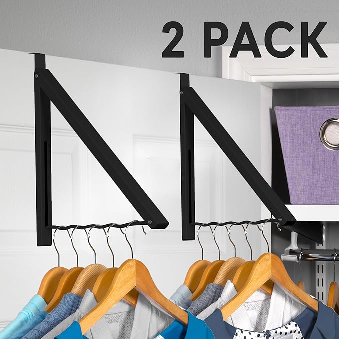 HOLDN’ STORAGE Over The Door Hanger - Single Foldable Rack Organizer for Hanging Clothes, Coats & Towels, Ideal for Dorm Rooms, Laundry, Bathrooms, Etc - Holds up to 20 LBs - Black (2 Pack)