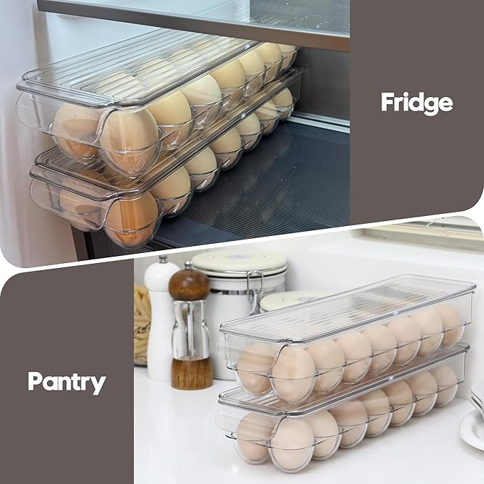 Sea Team Clear Plastic Egg Holder for Fridge, Refrigerator Egg Tray, Stackable Egg Container with Lid, Dispenser for Kitchen Storage and Organizer, Set of 2