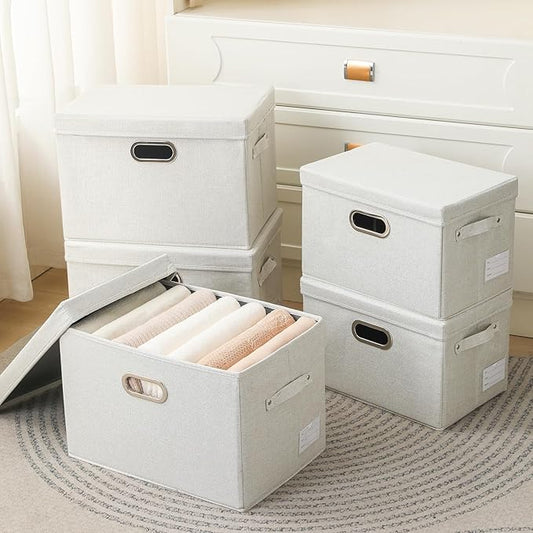 PRANDOM Collapsible Storage Bin with Lid [1-Pack] Fabric Foldable Storage Box Organizer Container Basket Cube with Cover for Home Bedroom Closet Office Nursery Beige(15.3x10x9.7)