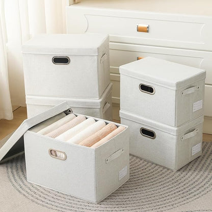 PRANDOM Large Collapsible Storage Containers with Lids [5-Pack] Fabric Foldable Storage Bins Boxes Organizer Baskets Cube with Cover for Home Bedroom Closet Office Beige(17.3x11.8x11.8)