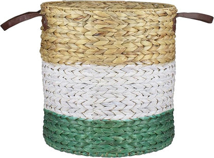 16" Beige White and Teal Braided Wicker Basket with Handles