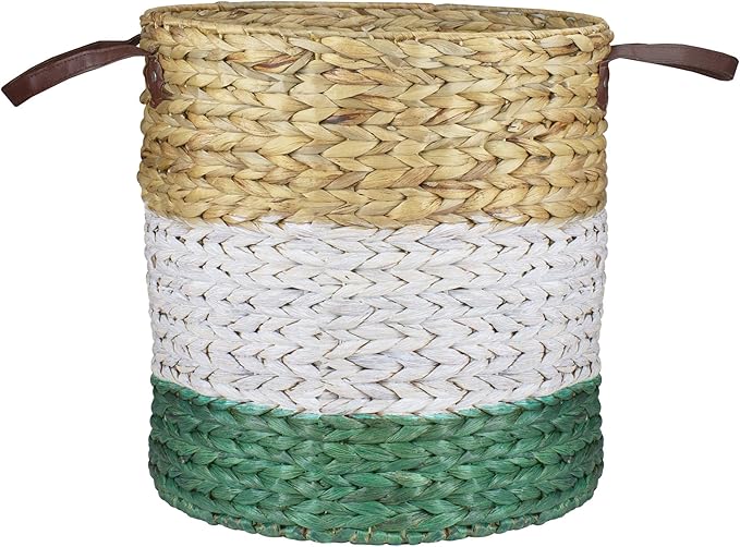 16" Beige White and Teal Braided Wicker Basket with Handles