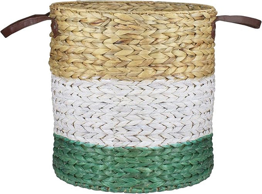 16" Beige White and Teal Braided Wicker Basket with Handles