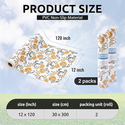 FIFTY FEET 12X120 Inch Shelf Liner for Kitchen Cabinets, PVC Drawer Liner for Dresser Non-Slip Bathroom, Non-Adhesive Cabinet Liner Washable (Yellow Floral)(2 Roll)