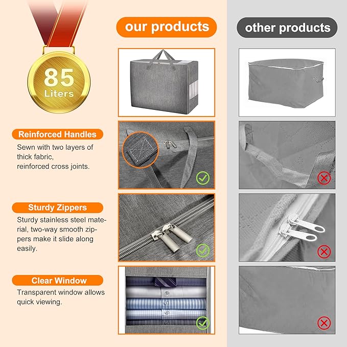 Karceyworth 2 Pack 85L Comforter Storage Bags, Extra Large Bedding Storage Bags with Category Card and Clear Window, Reinforced Handles & Zippers, Foldable Closet Organizers for Blanket Pillow