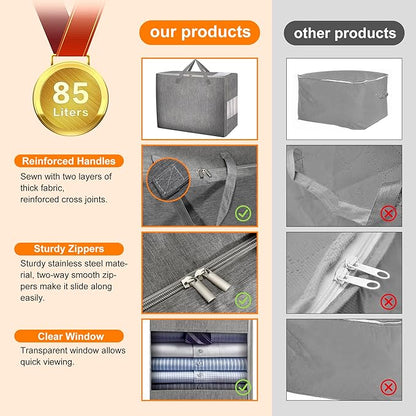 Karceyworth 2 Pack 85L Comforter Storage Bags, Extra Large Bedding Storage Bags with Category Card and Clear Window, Reinforced Handles & Zippers, Foldable Closet Organizers for Blanket Pillow