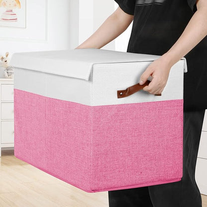 Large Toy Box with Lid, Sturdy Toy Storage Chest Bin Boxes Organizer Basket with Dividers for Toddlers, Kids, Boys, Girls, Nursery, Closet, Bedroom, Playroom 25"x13" x16" (Pink and White)