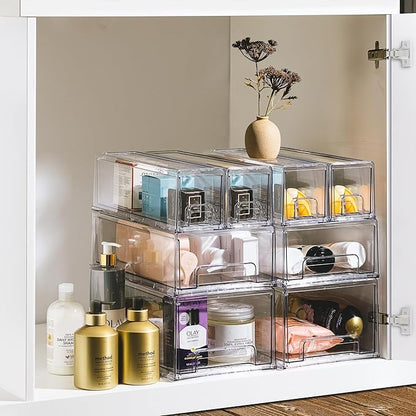 Sorbus Small Wide Clear Stackable Storage Drawers – 4-Pack Plastic Organizer Bins with Handles – Stackable Pull-Out Storage Drawers for Closet, Pantry, Office, Bathroom, Craft, and Toy Organization