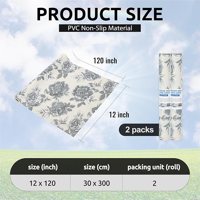 12X120 Inch Shelf Liner for Kitchen Cabinets, PVC Drawer Liner for Dresser Non-Slip Bathroom, Non-Adhesive Cabinet Liner Washable (Black Flower)(2 Roll)