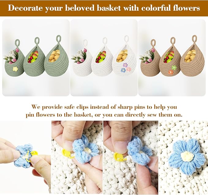 Boho Hanging Fruit Baskets for Kitchen with Hooks and Deco Flowers, 3 Pack handwoven Cotton hanging basket, Wall Basket for Vegetable Potato Onion Home Produce Storage (brown)