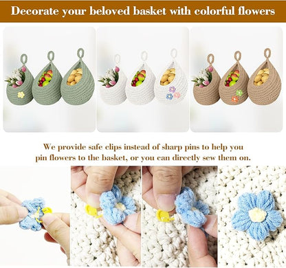 Boho Hanging Fruit Baskets for Kitchen with Hooks and Deco Flowers, 3 Pack handwoven Cotton hanging basket, Wall Basket for Vegetable Potato Onion Home Produce Storage (white)