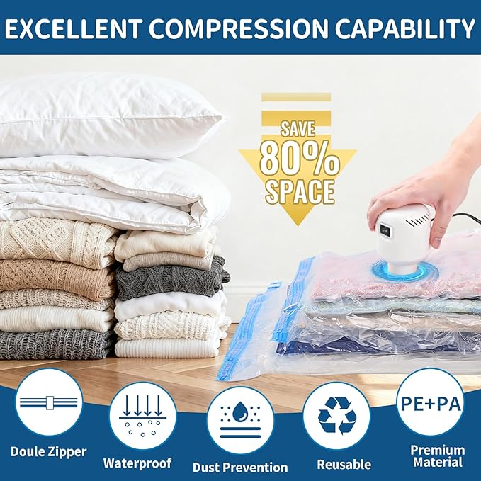 ZoeEnjoyLife Vacuum Storage Bags for Clothing Travel,12 Pack Vacuum Bags with Pump,Space Saver Bag for Clothes Travel & Home(2 Roll Up Bags,3 Small,3 Medium,2 Large,2 Jumbo)