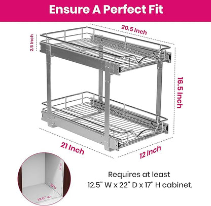 HOLDN’ STORAGE Two Tier Pull Out Cabinet Organizer, Individual Sliding Drawers - Heavy Duty Metal with Lifetime Limited Warranty - Anti Rust Chrome Finish - 12" W x 21”D x 16.5" H
