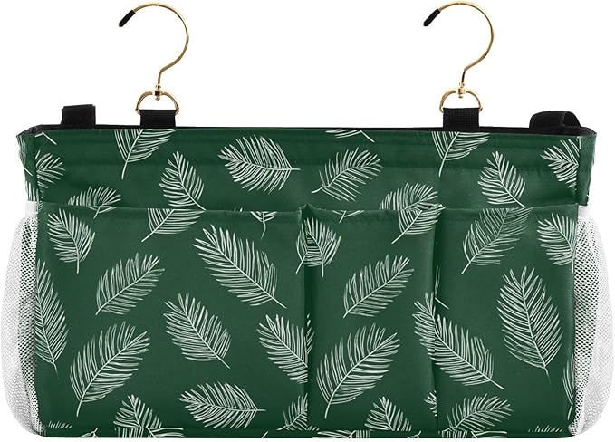 CuwrYet Bedside Caddy Hanging Bunk Bed Caddy Bed Organizer Hanging Pocket with 2 Hooks Bedside Storage Organizer Pocket Bag Holder Green Simple Palm Leaf