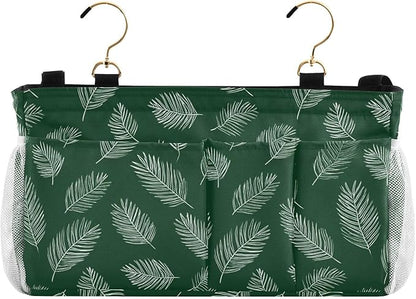 CuwrYet Bedside Caddy Hanging Bunk Bed Caddy Bed Organizer Hanging Pocket with 2 Hooks Bedside Storage Organizer Pocket Bag Holder Green Simple Palm Leaf