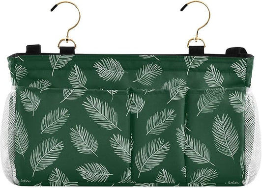 CuwrYet Bedside Caddy Hanging Bunk Bed Caddy Bed Organizer Hanging Pocket with 2 Hooks Bedside Storage Organizer Pocket Bag Holder Green Simple Palm Leaf