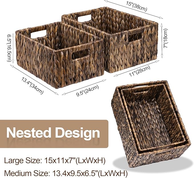 FairyHaus Wicker Basket with Handle 2Pack-15x11x7" & 13.4x9.5x6.5", Brown Water Hyacinth Wicker Baskets for Storage, Natural Hand Woven Baskets for Organizing