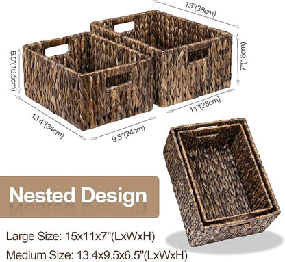 FairyHaus Wicker Basket with Handle 2Pack-15x11x7" & 13.4x9.5x6.5", Brown Water Hyacinth Wicker Baskets for Storage, Natural Hand Woven Baskets for Organizing