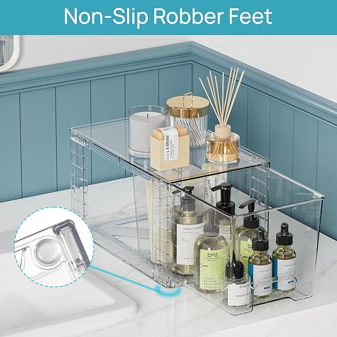 Vtopmart 3 Pack Clear Stackable Storage Drawers,Easy to Assemble Bathroom Organizers and Storage with handles,Plastic Drawers for Kitchen Pantry,Cabinet,Under Sink Organization