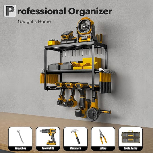 Power Tool Organizer Wall Mount, 3 Layers Storage Rack with 4 Drill Holders, Garage Storage Rack for Handheld, Metal Tool Shelf Utility Rack for Cordless Power Tools, Suitable for Giving men