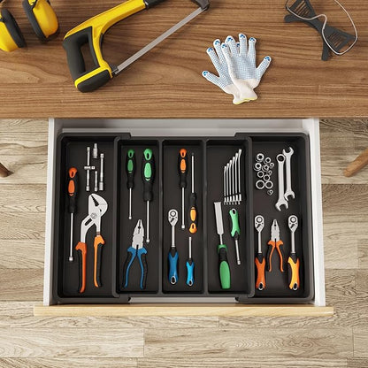 Lifewit Utensil Organizer for Kitchen Drawers, Expandable Cooking Utensil Tray, Adjustable Cutlery Silverware Flatware Holder, Plastic Spatula Tools and Gadgets Storage Divider, Black, 13"-22" x 15"