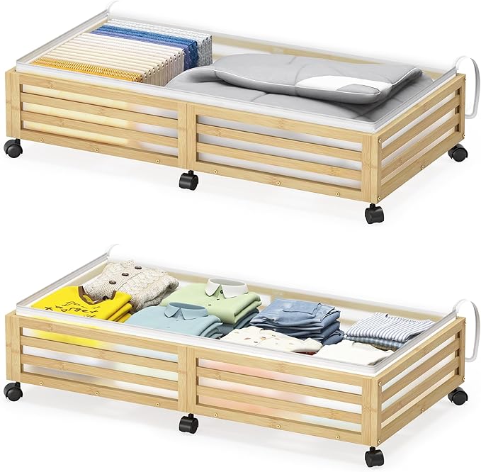 Wisuce Home Under Bed Storage Containers With Wheels - 2 Pcs Large Bamboo Wood Rolling Underbed Shoe Storage Bins With Dust Bags for Clothes Blankets, Duvet Covers Snacks Toys (Natural)