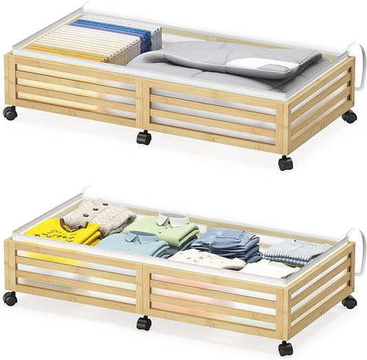 Wisuce Home Under Bed Storage Containers With Wheels - 2 Pcs Large Bamboo Wood Rolling Underbed Shoe Storage Bins With Dust Bags for Clothes Blankets, Duvet Covers Snacks Toys (Natural)