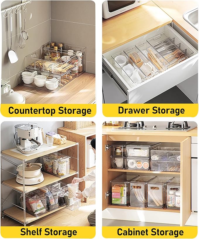 Greenby 4 Pack Refrigerator Organizer Bins with Pull-out Drawer Stackable Clear Fridge Drawer Organizer Fruit Vegetable Storage Containers for Kitchen Pantry Organization (2 Large+2 Small)