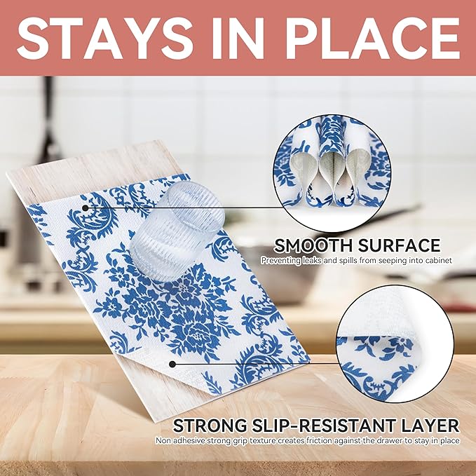 RAY STAR Shelf Liner, Non Adhesive Vintage Navy Blue Floral Kitchen Cabinet Liner for Pantry Drawer, Strong Grip Non Slip, Shelf Liners for Kitchen Cabinets Cupboard 12 Inch x 20 FT
