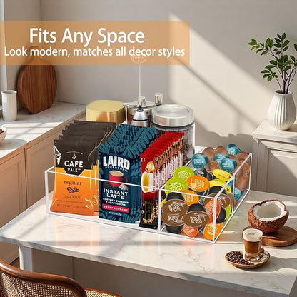 Coffee Station Organizer for Countertop, Removable Dividers Coffee Bar Accessories for Storage Sugar Packets Tea Bags, Clear