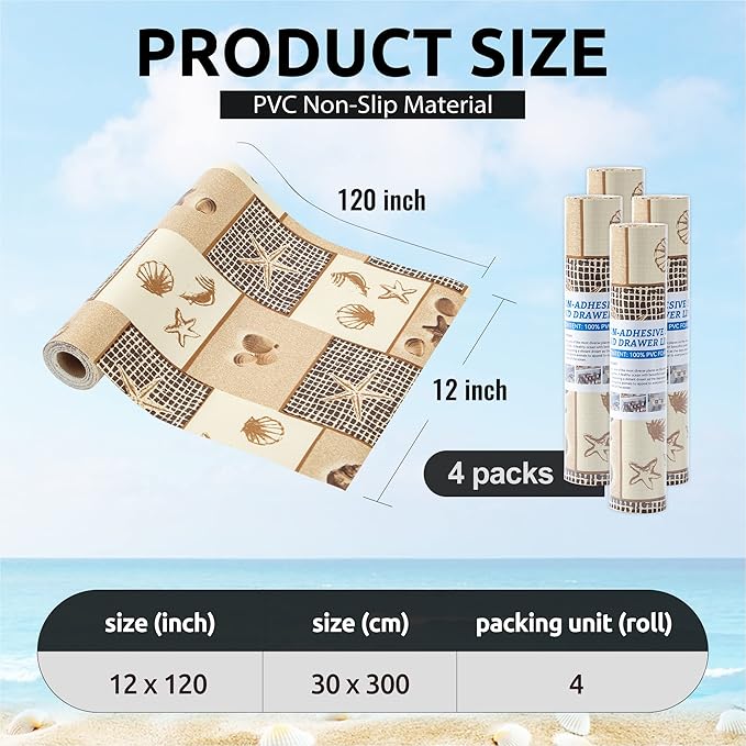 FIFTY FEET 12X120 Inch Shelf Liner for Kitchen Cabinets, PVC Drawer Liner for Dresser Non-Slip Bathroom, Non-Adhesive Cabinet Liner Washable (Beach)(4 Roll)