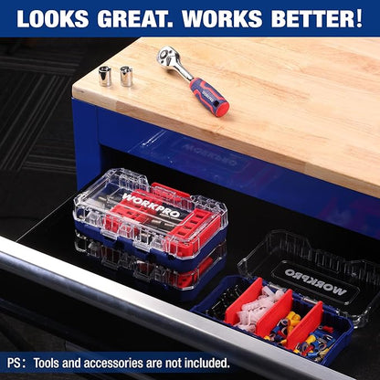WORKPRO Small Parts Organizer 3 Pieces, Portable Stackable Hardware Storage Case with Removable Dividers, Clear Lid Tool Box Organizer for Screws, Bolts, Nails, Craft Supplies and Small Accessories