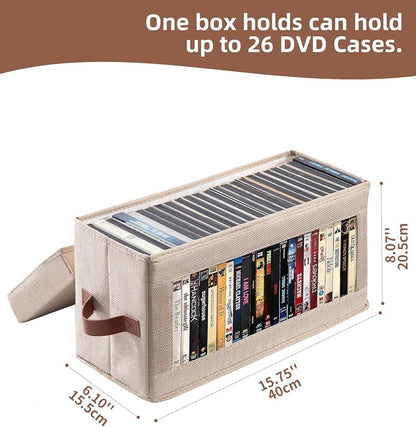 4 Pack DVD Storage Box with Visible Window, Dustproof CD/DVD Case Holder Organizer Rack Can Hold Up to 104 DVD, Blu-ray & CD Storage, Stackable and Lid Design-Beige