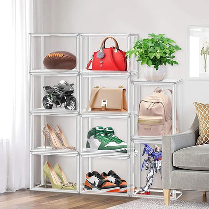 12 Pack Purse Organizer for Closet Size 14 Shoe Storage Box Stackable Acrylic Display Case Handbag Organizer with Magnetic Lid Transparent Storage Container for Sneaker, Boots, Hat, Book, Collectibles