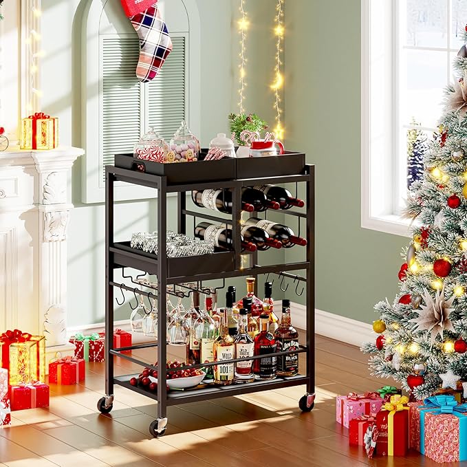 TUTOTAK Bar Cart, Home Bar Serving Cart, 3-Tier Kitchen Cart on Wheels, Rolling Beverage Cart with Wine Rack and Glass Holder, Black BC01BK037
