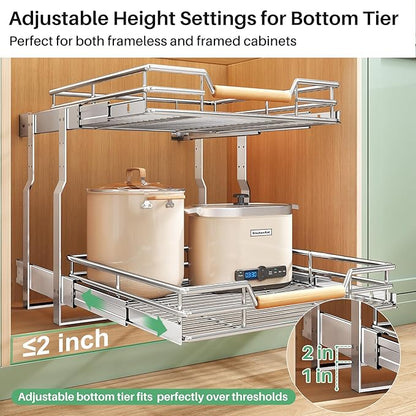 Pull out Cabinet Organizer, 2 Tiers 15"W X 21"D, Heavy Duty Smooth Sliding Under Cabinet Shelves for Pots and Pans, Full-Extension Roll out Drawers, Slide out Organization for Home Kitchen Pantry