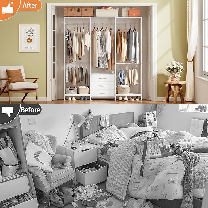 Garment Rack Heavy Duty Clothes Rack for Hanging Clothes, Freestanding Clothing Rack with 3 Fabric Drawers, Wood Stoarge Shelf, Adjustable Closet Racks, Corner L Shaped Closet System Organizers, White