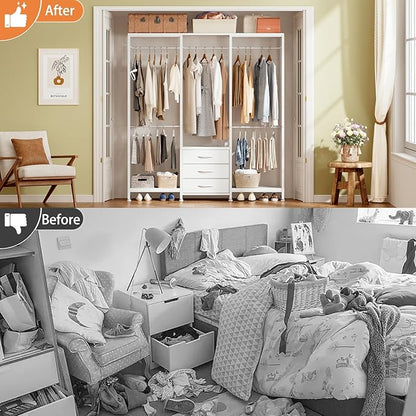 Garment Rack Heavy Duty Clothes Rack for Hanging Clothes, Freestanding Clothing Rack with 3 Fabric Drawers, Wood Stoarge Shelf, Adjustable Closet Racks, Corner L Shaped Closet System Organizers, White