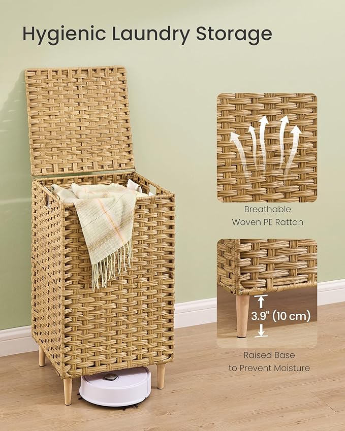 SONGMICS Laundry Hamper with Lid, PE Rattan Laundry Basket with Removable Liner, Storage Basket for Bedroom Living Room, 25 Gallons (95 L), Goose Yellow ULCB221YE01