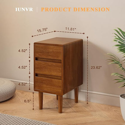 Nightstand with 3 Drawers Narrow Night Stand Solid Wood Bedside Table Mid Century Modern Nightstand Wooden End Table for Bedroom, Living Room, Study, Office
