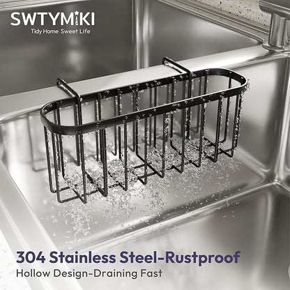 SWTYMIKI Sponge Holder for Kitchen Sink with Partition, Movable Kitchen Sink Caddy with Compact Size Stainless Steel Hanging Sink Sponge Caddy for Double Bowl Sinks, Black