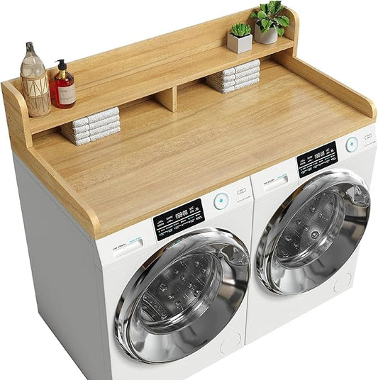 Washer Dryer Countertop with 2-Tier Shelf, 54" W x 27.55" D Laundry Countertop with 2.75" H Guard Edge Rails, Wood Topper with Non-Slip Pad (Pure Wood Color)