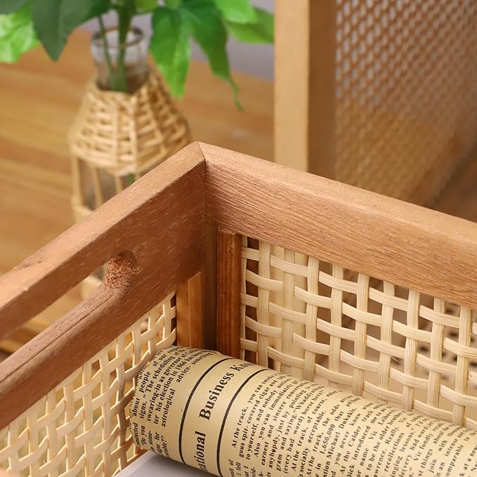 Desktop Storage Basket, Office Drawer Storage Box, Wood Frame Storage Basket with Built-In Handles for Kitchen Pantry, Cabinet, Office, Bedroom, Rustic Country Decor (Brown-Set2)