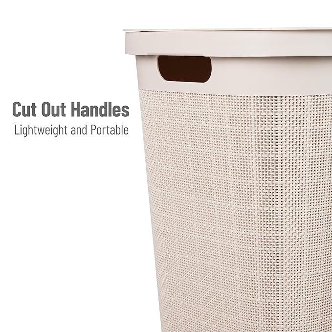 Mind Reader 60L Slim Laundry Hamper, Clothes Basket, Lid, Linen Design, Plastic, Ivory
